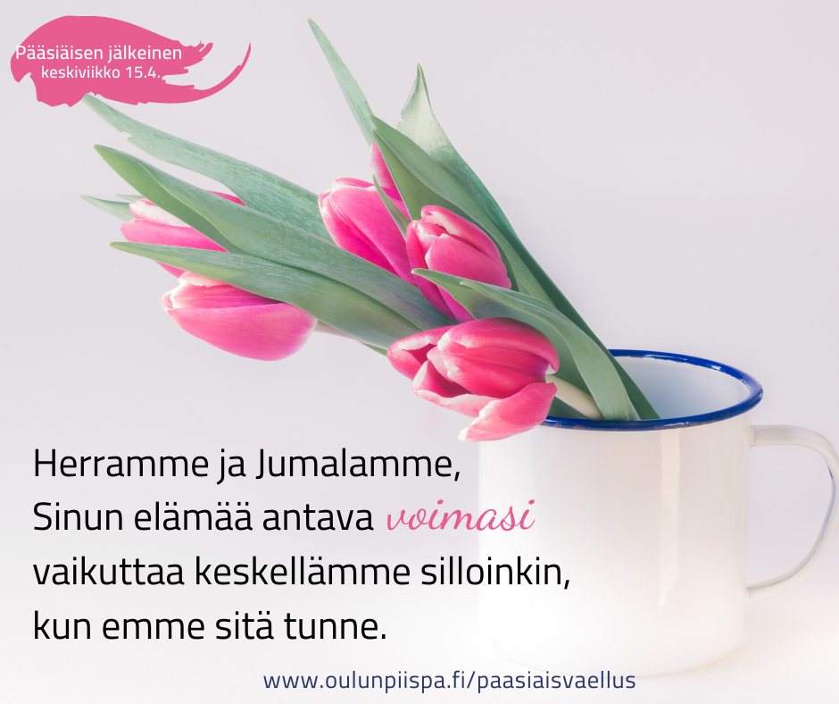 Kuvassa tulppaaneja, päällä teksti: Herramme ja Jumalamme, sinun elämää antava voimasi vaikuttaa keskellämme silloinkin, kun emme sitä tunne.